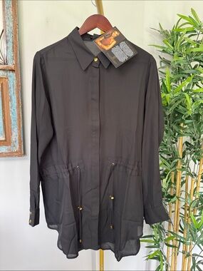 IMAN Black Long-Sleeve Drawstring waist Tunic Shirt NWT L